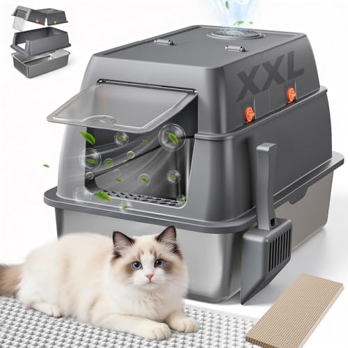 GTPLAYER XXL Stainless Steel Cat Litter Box with Lid, High Sided Enclosed Cat Litter Box, Activated Carbon Odor Control, Extra Large Metal Litter Box, Anti-Leak, with Mat & Scoop, Pinky Paws