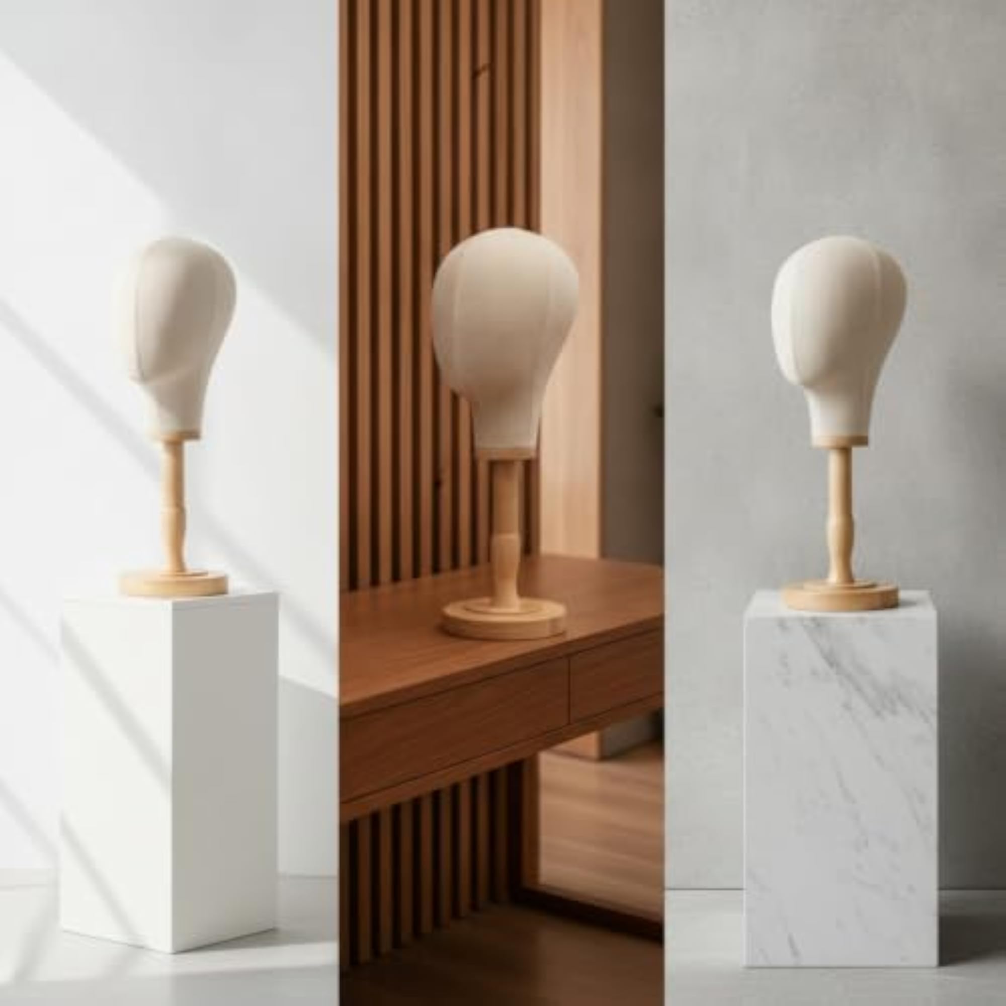 Linen-Covered Head with Wooden Base Tabletop Hat Stand