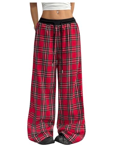 SHENHE Women's Wide Leg Baggy Plaid Pants Y2k Drawstring Low Rise Loose Lounge Trousers