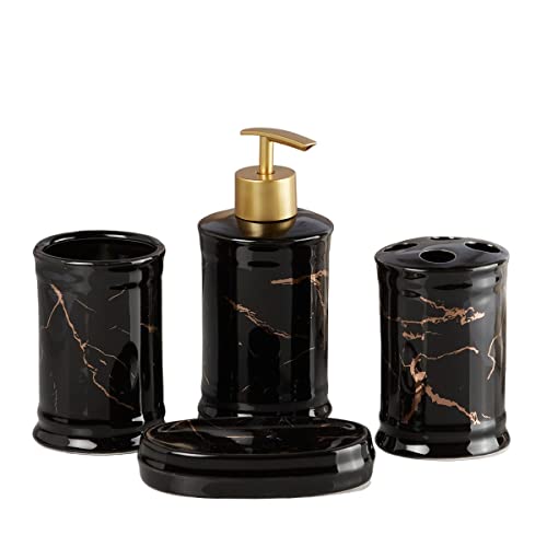 Image of SaSaSa Ceramic Bathroom Accessories Set of 4 Modern Bath Set with Soap Dispenser & Toothbrush Holder, Luxury Home & Gift Idea, Black /Gold (8228)
