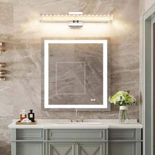 Image of SOLFART Crystal Bathroom Lighting Fixtures Over Mirror, 24 Inch Chrome LED Vanity Light, 5 Color Adjustable 5CCT