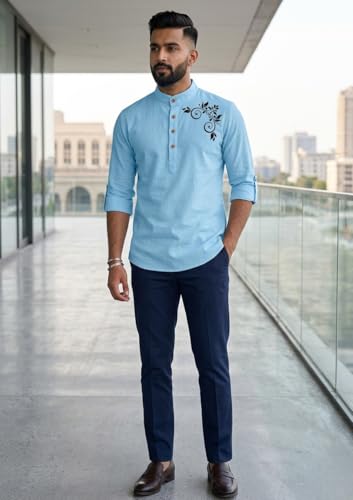 Image of DEEMOON Men's Full Sleeve Short Kurta Shirt with a Trendy Mandarin Collar Crafted from a Premium Cotton Blend for Comfort Ideal for Casual and Semi-Formal Occasions