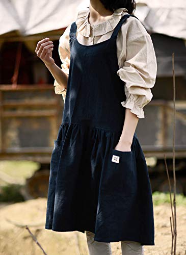 Losofar Women Girls Vintage Cute Apron Gardening Works Cross Back Cotton/Linen Blend Aprons Pinafore Dress With Two Pockets (Darkblue, (32" X 30")) #TOP2