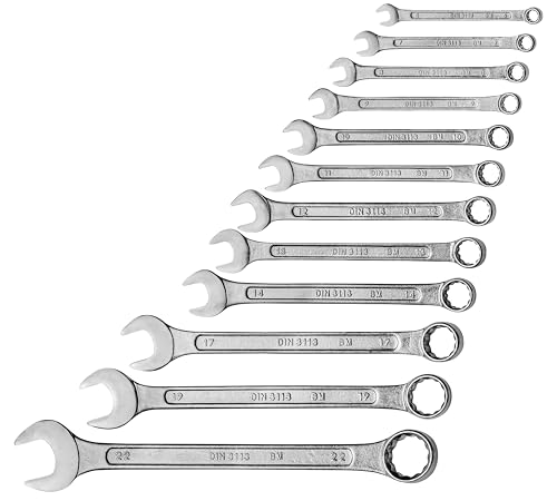 Mannesmann Brüder Gabel-Ringschlüsselsatz 12-tlg., Chrom-Vanadium-Stahl, korrosionsbeständig, Profi-Qualität, entspricht DIN 3113, ideal für Autoschrauben und Werkstatt, 6-22 mm | M 130-12DIN