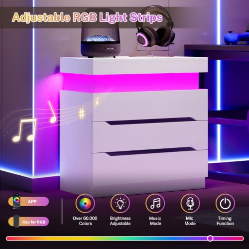 Image of TEENFON Nightstands Set of 2, Night Stand with 3 Drawers, Nightstand with App-Controlled Adjustable LED Light, Bedside Table with Slidable Hidden Storage Space, Modern Nightstands for Bedroom,White