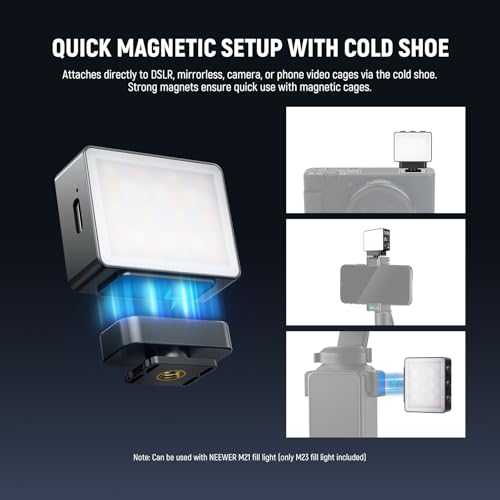 Image of NEEWER Basics Magnetic RGB Camera Auxiliary Light, 1.5W Plastic Small Cold Shoe LED Panel Video Photo Fill Lighting for DSLR Action Cam Phone Cage AC024 OSMO Pocket 3 Mount & M21, CRI95+ 500mAh, M23