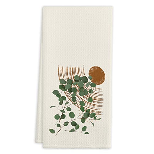 QIYUHOY Abstract Sun Sunrise Sage Green Leaf Kitchen Towels Tea Towels, 16 X 24 Inches Cotton Modern Dish Towels Dishcloths,Dish Cloth Flour Sack Hand Towel for Farmhouse Kitchen Decor