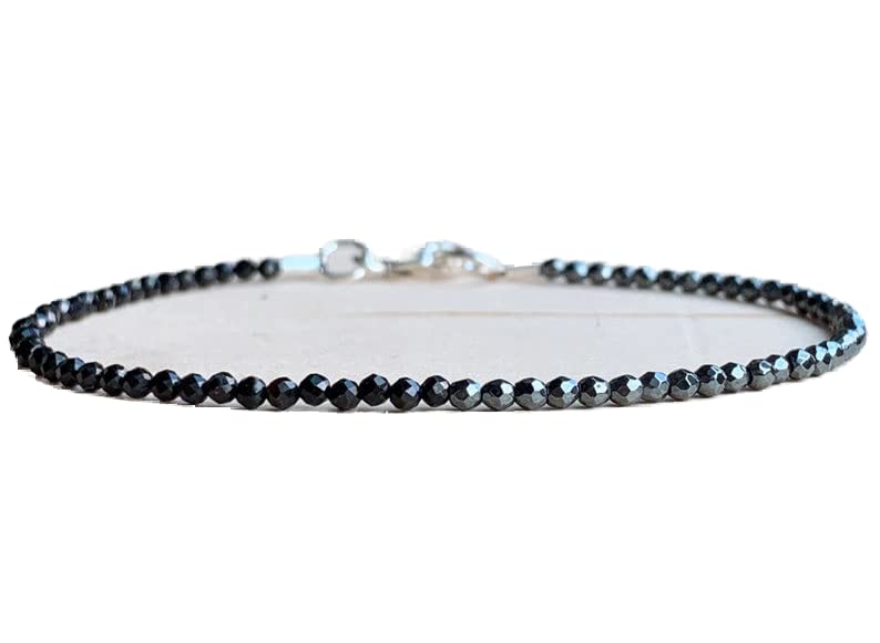 Bracelet tourmaline noire hématite 2mm cadeau unisexe idéal 7 pouces avec fermoir argenté