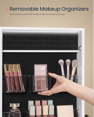 Image of SONGMICS HOME Mirror Jewelry Cabinet, Lockable Hanging Jewelry Organizer with Full-Length Mirror, Door or Wall Mounted Storage Cabinet, Adjustable LED Lights, White