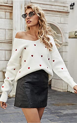 ECOWISH Women Valentine Heart Sweater V Neck Embroidery Knit Loose Casual Long Sleeve Ribbed Pullover Sweaters2