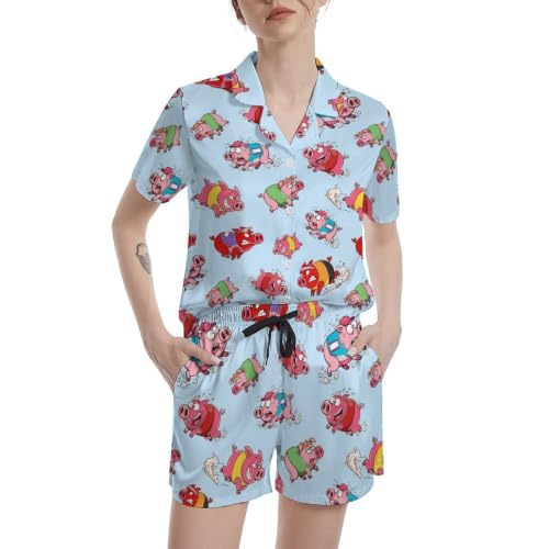 Image of Funny Pajamas for Women Set Print Satin Loungewear Pjs Short Sleeve Button Down Top and Shorts Sets Sleepwear XS-3XL