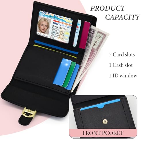 Ladies Wallet, Small Womens Wallet with 4 Card Slots and ID Window, Multi Card Slot Bifold Wallet Women with Metal Snap Closure, Portable Small Ladies Wallet Credit Card Holder (Pink)4