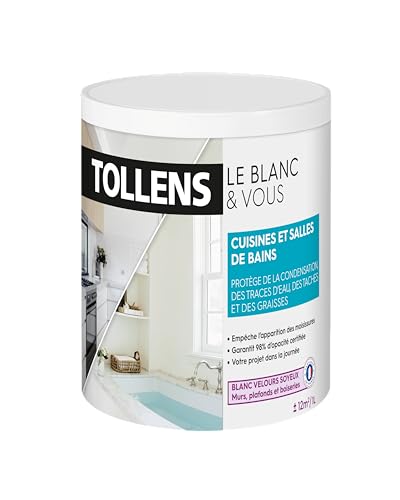 TOLLENS - Peinture Blanche Cuisines et Salle de bain - Résiste à l'Humidité et aux Moisissures - Velours - Blanc 1L = 12m2
