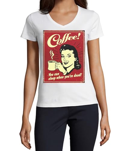Coffee You can Sleep T-shirt coton col V femme blanc pour les passionnées de caféine