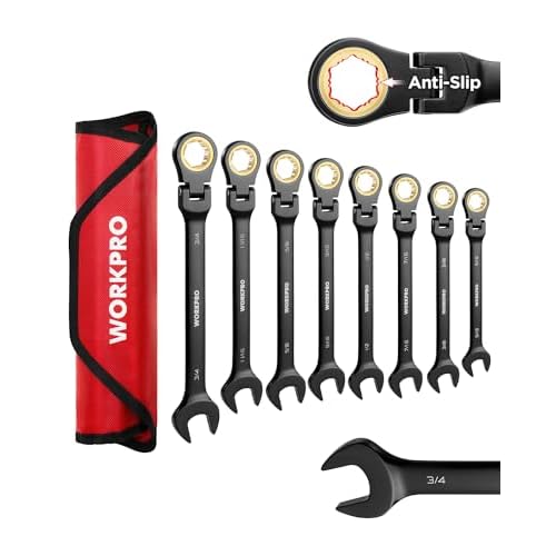 WORKPRO Ratcheting Combination Wrench Set, 8-piece Flex-Head Anti-Slip Set SAE 5/16-3/4 inch, 72-Teeth, Cr-V Constructed, Black Electrophoretic Coating with Rolling Pouch SAE Anti-Slip Tooth