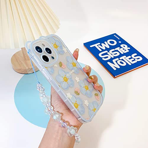 Nititop Compatible For Iphone 12 Pro Case Clear Cute Flower Floral With Chain Beaded Lanyard Wrist Strap For Girls Women Pattern Soft Tpu Shockproof Protective Girly For Iphone 12 Pro-Blue Flower #TOP4