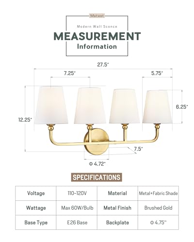 Image of Bathroom Light Fixtures, 4 Light Brushed Gold Vanity Lights with Flared White Fabric Shade, 28 Inch Wall Sconce, Modern Sconces Wall Lighting for Hallway Bedroom, VL837-BG-4