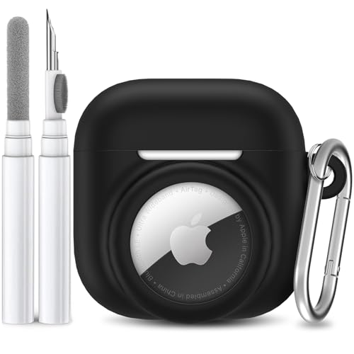 LDSXAY 2 in 1 Silicone Case Compatible with AirPod 4 and AirTag 2/1 Shockproof Protective Skin Cover for AirPods 4th Generation with Cleaner Kit & Carabiner (Black)