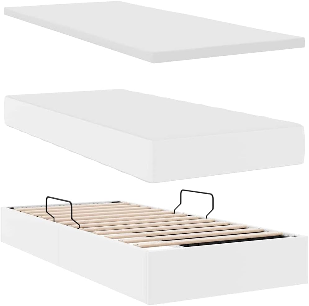 Storage Bed with Mattress White Faux Leather Metal Frame 39.37 x 79.92 in Platform Foundation with Slatted Frame Sturdy Heavy-Duty Storage for Modern Bedroom