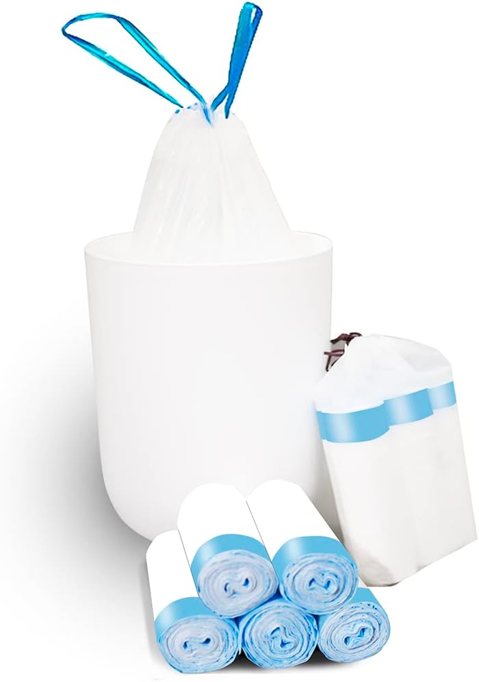 1.5 Gallon Trash Bags With Drawstring, 100 Pcs Trash Can Liners, Blue Strap Bathroom Garbage Bags Tighten Quickly Pack Garbage, Quick Cinch of the Drawstring