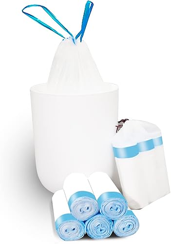 Bolsas de basura de 1.5 galones con cordón, 100 bolsas de basura negras con correa azul, bolsas de basura para baño, se aprietan rápidamente, cierre