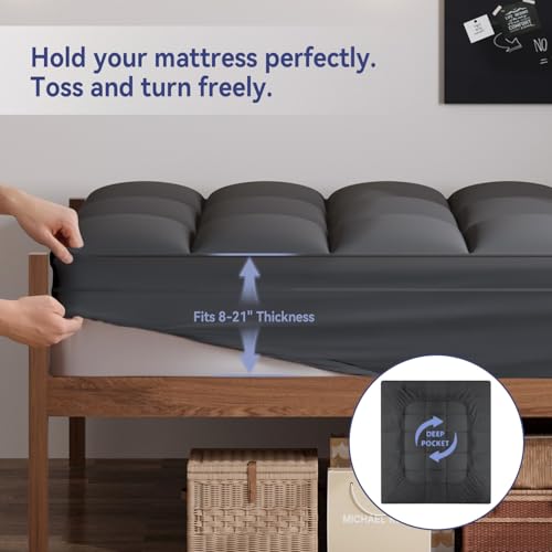 Image of ELEMUSE Twin Grey Mattress Topper, Thick Pillow Top Mattress Pad | Overfilled down alternative filling adds plush comfort. Deep pocket design fits twin beds for small spaces and guest rooms.