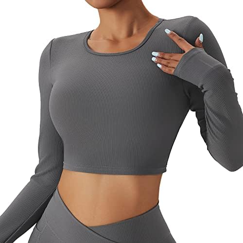 Chanllengym Women's Backless Workout Crop T Shirt Top, Ribbed Long Sleeve Padded Sports Low Medium Impact Yoga Shirt Grey