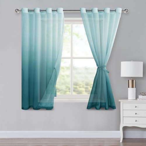 XWZO Ombre gardiner med öljetter, färggradient gardin, voile sheer gradient gardiner, set om 2 för sovrum och vardagsrum, öljettgardiner med gardinomtag H 145 x B 140 cm, blå