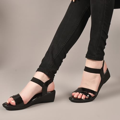 Image of Action Women's Patent Platform Sandals|Open Toe| Elastic Ankle Strap| Wedge Heel Black