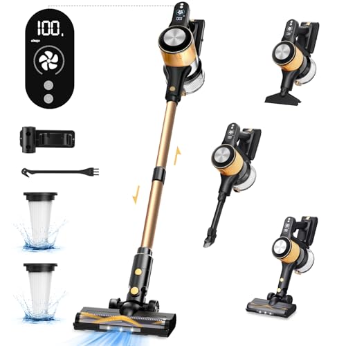 SINCHER 6 in 1 Cordless Vacuum Cleaner 3 Power Modes & LED Display 45Mins Runtime Detachable Battery Powerful Suction Stick Vacuum Ideal for Home Car Hard Floor Carpet Pet Hair Gold