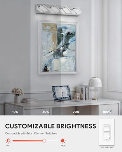 Image of VONLUCE Bathroom Vanity Light Fixture, 4-Light Modern LED Vanity Light, 3CCT Adjustable Bathroom Lights with Memory Function Rotatable Shades, 26 inch Wall Lighting Fixture Over Mirror, Chrome
