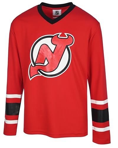 NHL Kids Youth 4-20 Official Power Play Long Sleeve Team Jersey (US, Numeric, 14, 16, New Jersey Devils - Red, New Jersey Devils)