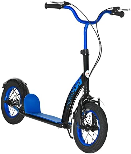 Aosom Kids Kick Scooter Adjustable Height, Front Rear Dual Brakes, 12-Inch Inflatable Rubber Wheels, for 5+ Years