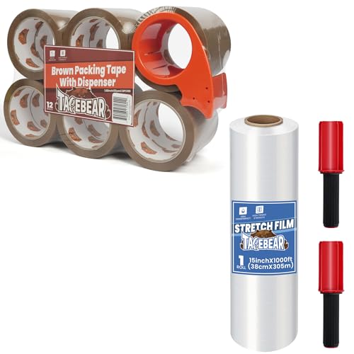 TAPEBEAR Brown Packing Tape with Dispenser, 2.6mil x 1.88