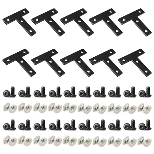 Image of 10 Sets 2020 Series Aluminum Extrusion Profile T Brackets Black Right Angle Joint Plate with M5 T Slot Nuts and Bolts Hardware for 2020 2040 V Slot Extruded Aluminum Connectors Accessories