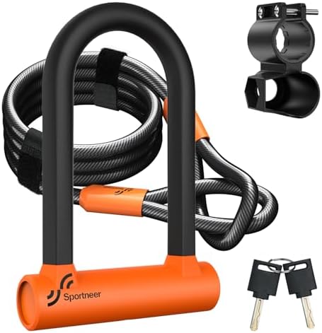 Sportneer Bike U Lock - Heavy Duty Anti Theft Bike Lock with 5ft Security Steel Cable - 17mm Shackle Bicycle U-Locks with Keys & Sturdy Mounting Bracket for Road, Mountain, Electric Bike - Orange