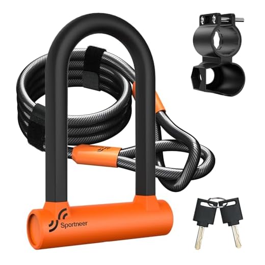 Sportneer Bike U Lock - Heavy Duty Anti Theft Bike Lock with 5ft Security Steel Cable - 17mm Shackle Bicycle U-Locks with Keys & Sturdy Mounting Bracket for Road, Mountain, Electric Bike - Orange