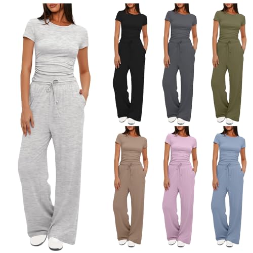 Lounge Sets for Women Casual Workout Two Piece Outfits Short Sleeve Crop Top Foldover Flare Pant Yoga Sweatsuit Outfit