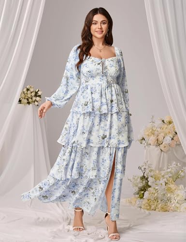 Image of EYWOL Womens Plus Size Floral Tiered Ruffle Long Sleeve Evening Party Wedding Guest Dress