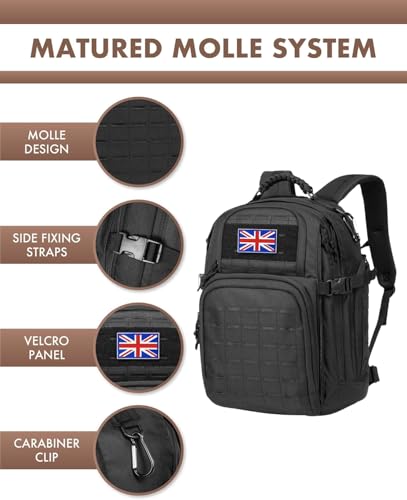TRAILKICKER 40L Tactical Laptop Backpack Military Army Assault Pack 3 Day Bug Out Bag Hiking Treeking Camouflage Hunting Backpack for Men w/United Kingdom Flag Patch - Image 3