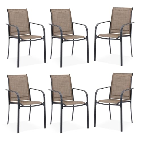 Image of DIFY Patio Chairs Set of 6, Stackable Textilene Outdoor Dining Chairs with Metal Frame, All Weather Outdoor Chairs Set for Backyard Garden Deck Poolside, Brown