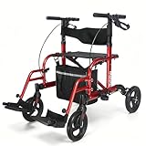 AEVITAL Klappbarer 2 in 1 Rollstuhl Rollator Faltbar und Leicht mit Sitz, Aluminium Gehhilfer mit Stockhalter & Abnehmbarer Einkaufstasche - Rollator Schmal für Wohnung, Unterwegs und Reisen (Rot)
