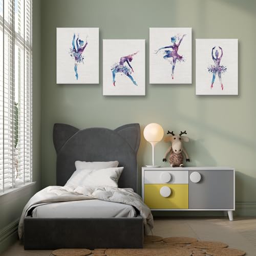 Image of Watercolor Ballet Prints Ballerina Dancer Elegant Dance Gifts for Girls Birthday Canvas Wall Art Dancing Girls Room Decor Women Bedroom Wall Decor Colorful Classroom Posters,4PCS,Framed,8x10IN