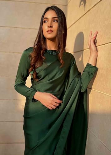Image of FABIAN FASHION Women's Solid Japan Satin Silk Saree With Unstitched Blouse Piece for Wedding Saree