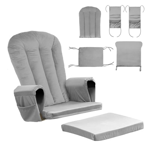 Image of Lucky Monet 5PCS Velvet Glider Rocker Replacement Cushions, Thickened & Supportive Rocking Chair Cushion Set with 29.5 Inch High Backrest & Storage Pockets, for Indoor Nursery Glider & Ottoman, Grey