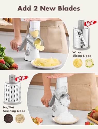 Image of GDL Rotary Cheese Grater Hand Crank with 5 Interchangeable Blades - Upgraded Cheese Shredder Featuring Strong Suction Base for Cheese Shredding, Wavy Slicing, Nut Grinding, Ice Shaving