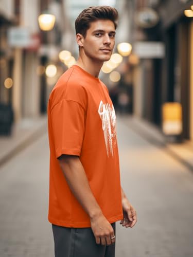 Image of LEOTUDE Oversized Full Sleeve Cottonblend Graphic Printed Round Neck Drop Shoulder Tshirt for Man (Color Mustard)