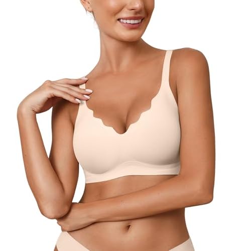 Womens Seamless Bras No Underwire Wireless Push Up Full Coverage Bra Scalloped V Neck T-Shirt Bra Comfort Bralettes Beige Small