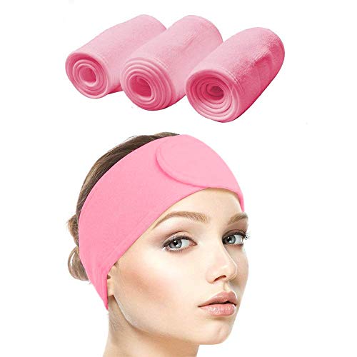 Queta haarband voor make-up, cosmetische hoofdband badstof, verstelbare haarbeschermingsband met klittenband 3 pack (Roze)