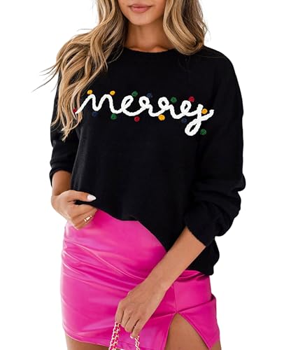 Image of SELINK Women's Holiday Sweater Crew Neck Print Casual Long Sleeve Pullover | cute tops, knit graphic sweaters, sequin letters, festive outfits, comfort fit for party daily wear